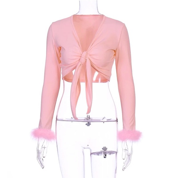 Pink long sleeve feather trim tie front crop top - Picture 7 of 16